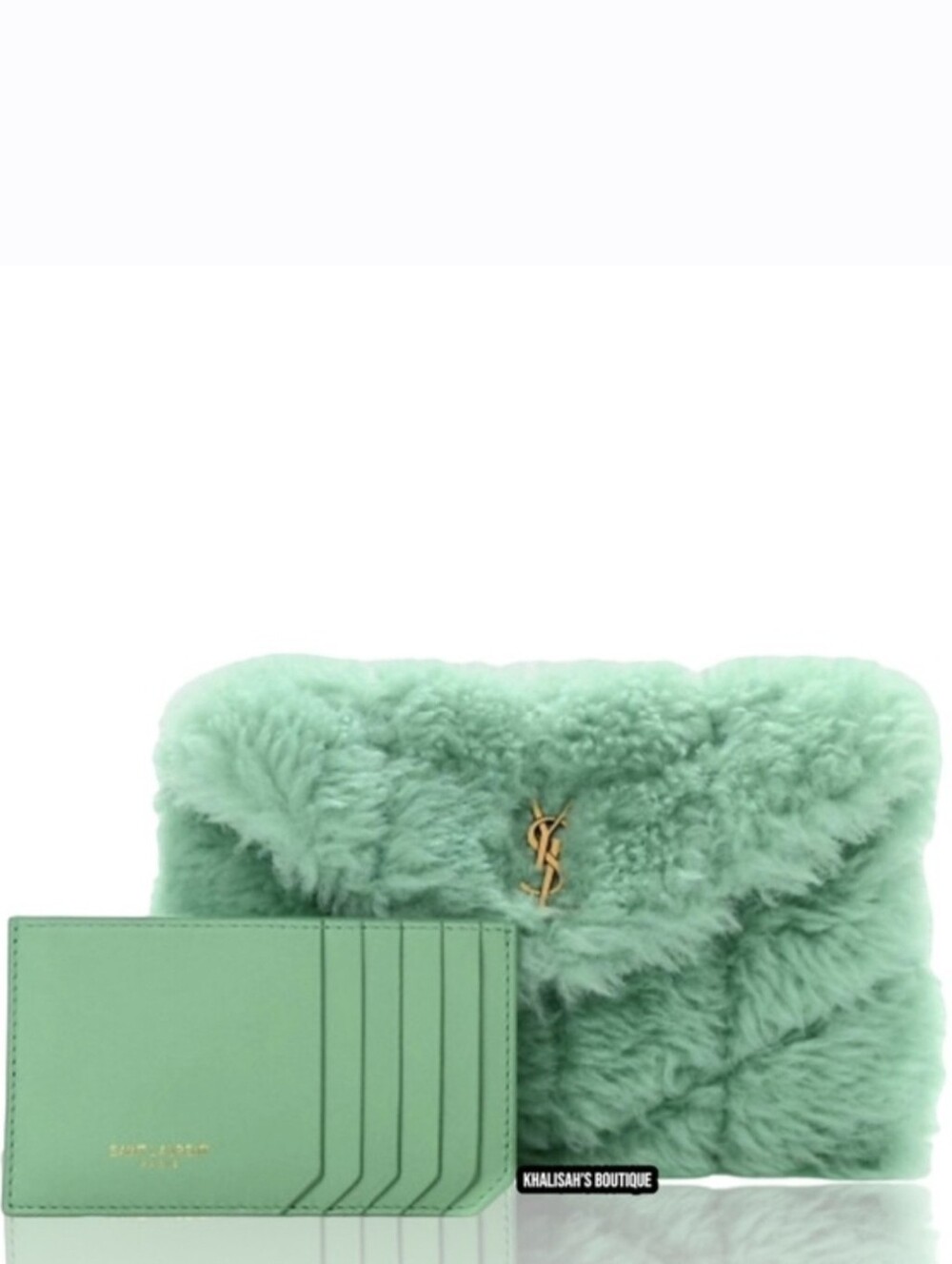 AUTHENTIC YSL SAINT LAURENT Lou Puffer Shearling Pouch Clutch w/Wallet Iced Mint